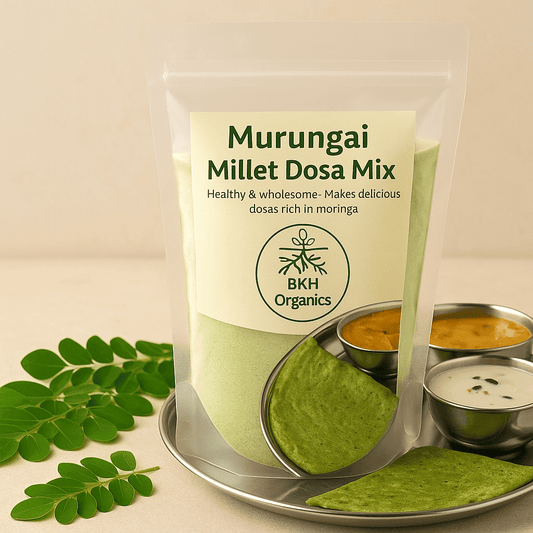 Packaging of Murungai Millet Dosa Mix from BKH Organics with green dosa and chutneys on a beige background. Murungai Millet Dosa Mix 500g - BKH Organics