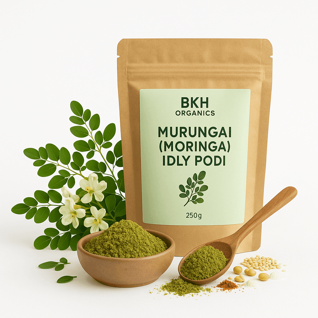 BKH Organics Moringa product with packaging, leaves, and flowers on a white background Murungai idly & Dosa Podi 250g - BKH Organics