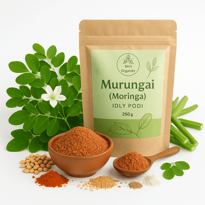 BKH Organics Murungai (Moringa) IDLY PODI packaging with ingredients on a white background. Murungai idly & Dosa Podi 250g - BKH Organics