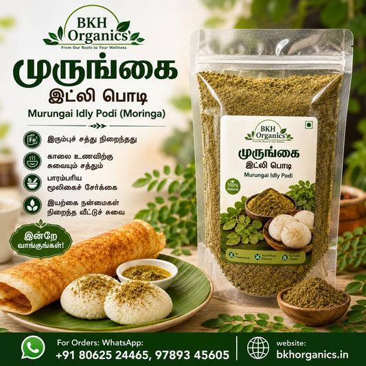 BKH Organics Moringa Idly Podi packaging with ingredients and benefits displayed.