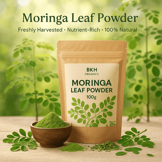 BKH Organics Moringa Leaf Powder package with a bowl of powder and leaves on a natural background. Murungai Leaf Powder 100g - BKH Organics