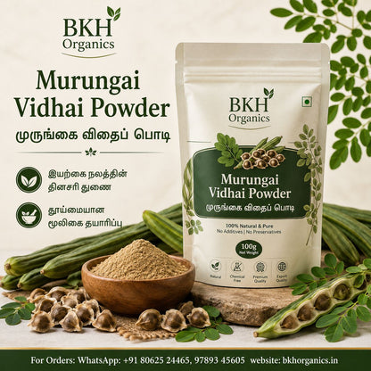 BKH Organics Murungai Vidhai Powder packaging with ingredients and powder on a light background