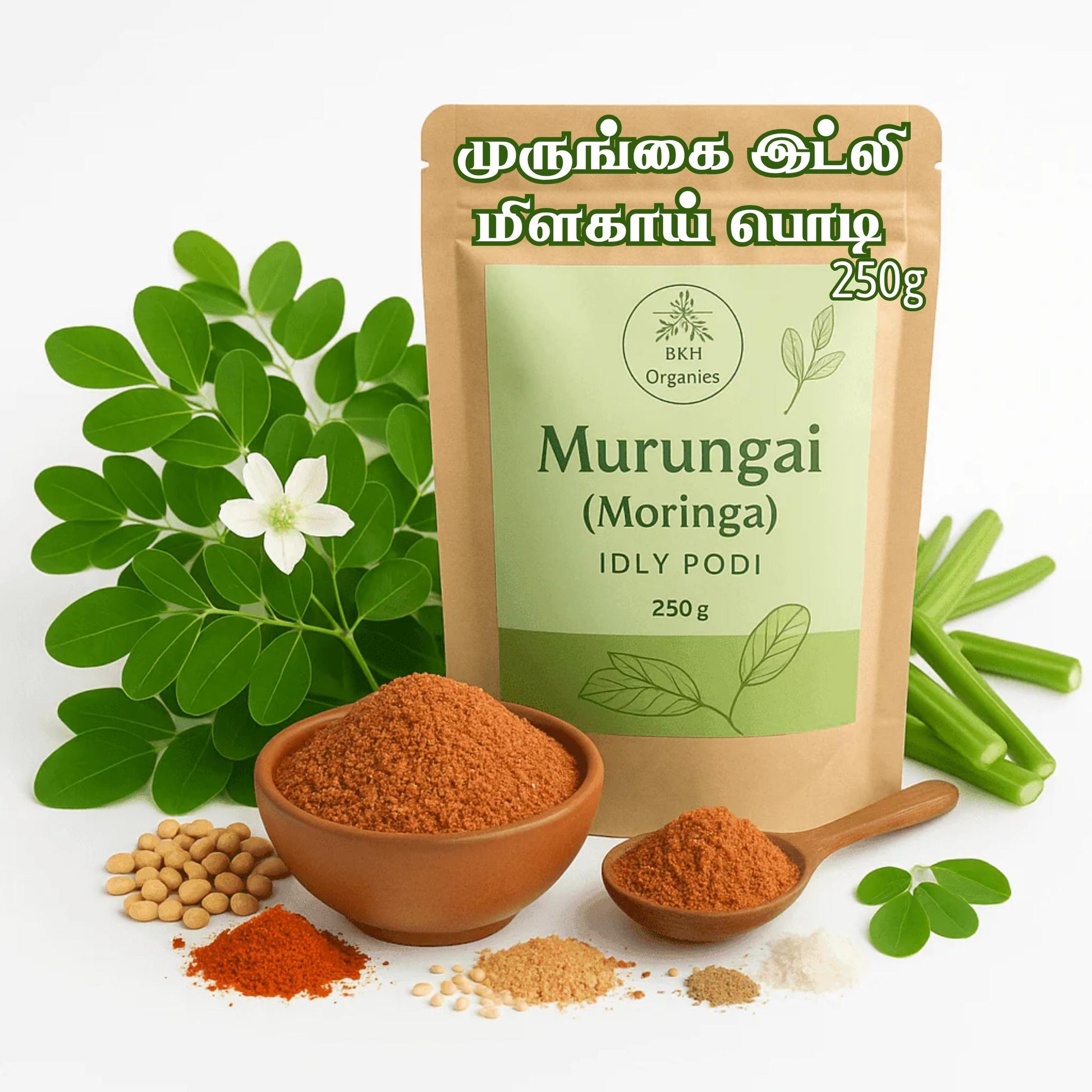 BKH Organics Murungai (Moringa) IDLY PODI packaging with ingredients on a white background