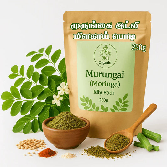 BKH Organics Murungai Moringa Idly Podi packaging with ingredients on a white background