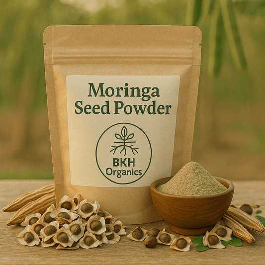 BKH Organics Moringa Seed Powder packaging with seeds and powder on a wooden surface. Murungai Vidhai Powder 100g - BKH Organics