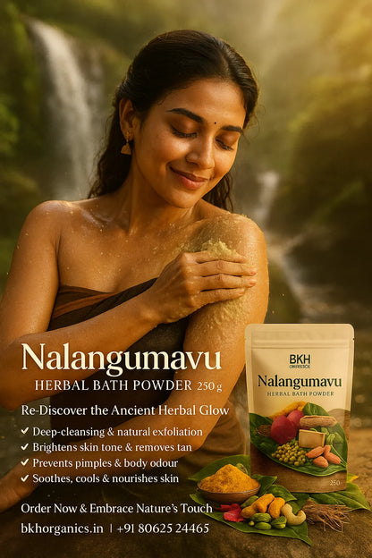 Woman with a natural setting, holding a packet of Nalangumavu herbal bath powder. BKH Nalangumavu