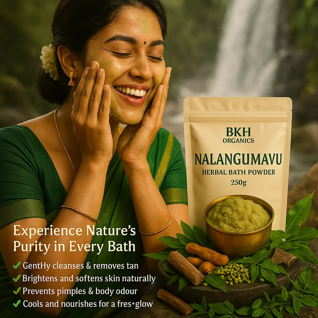 Woman applying herbal bath powder to her face with BKH Organics Nalangumavu product in the background.