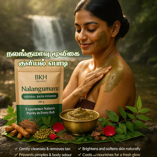 Woman applying herbal bath powder to her skin with BKH Organics Nalangumavu product in the foreground.