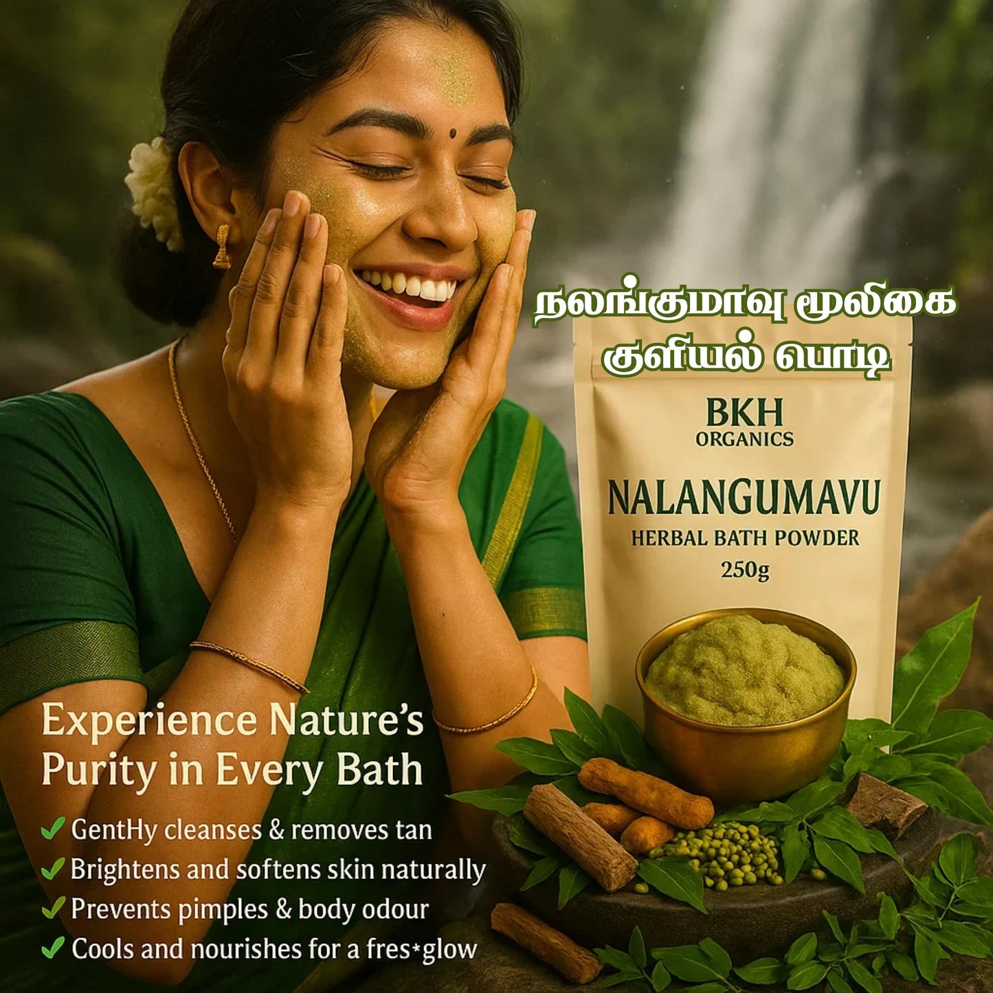 Woman applying herbal bath powder to her face with BKH Organics Nalangumavu product in the background.
