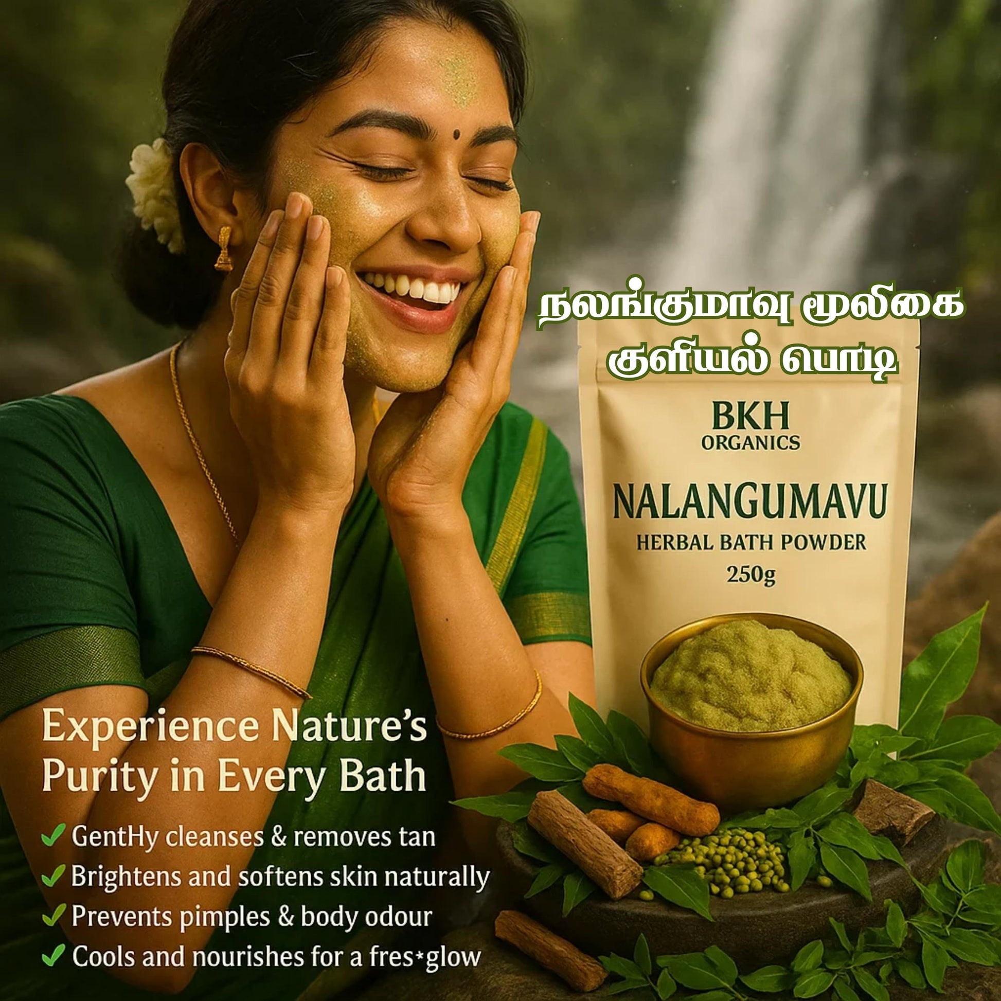 Woman applying herbal bath powder to her face with BKH Organics Nalangumavu product in the background.