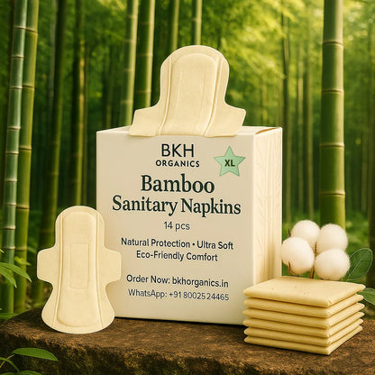 BKH Organics Bamboo Sanitary Napkins XL packaging with bamboo stalks in the background
