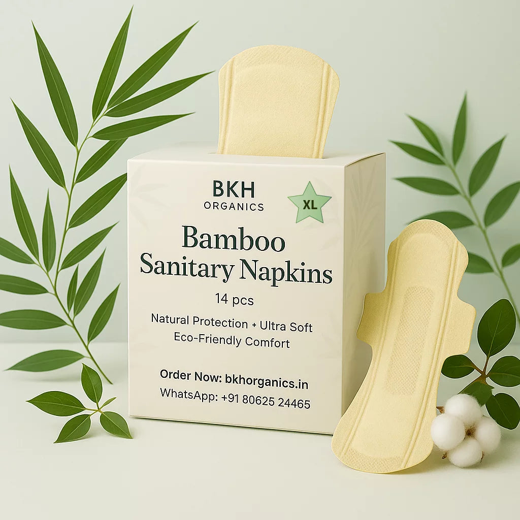 BKH Organics Bamboo Sanitary Napkins XL packaging with a single pad on a light green background with leaves.