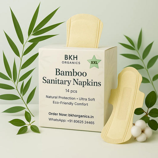 BKH Organics Bamboo Sanitary Napkins XXL packaging with two napkins on a light green background with leaves.