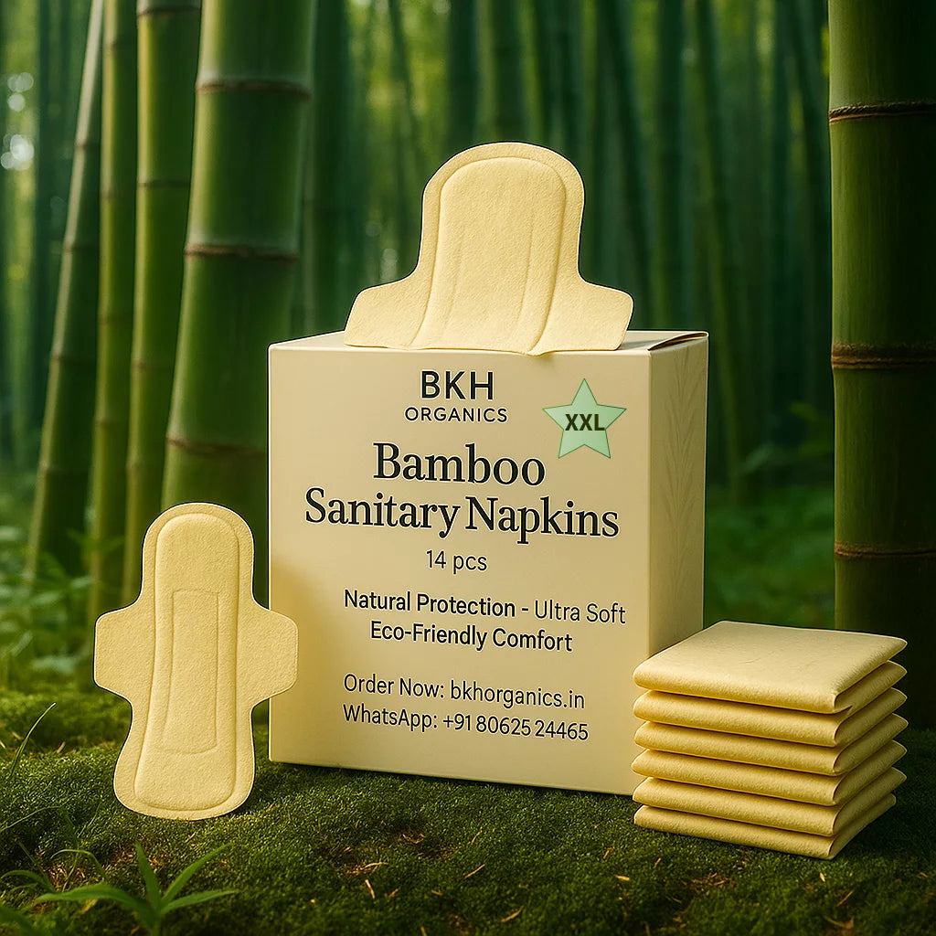 BKH Organics Bamboo sanitary napkins XXL with packaging in a bamboo forest setting