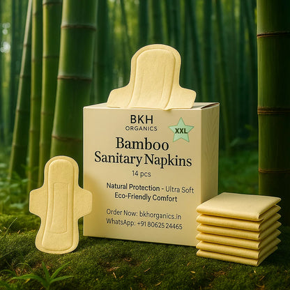 BKH Organics Bamboo sanitary napkins XXL with packaging in a bamboo forest setting