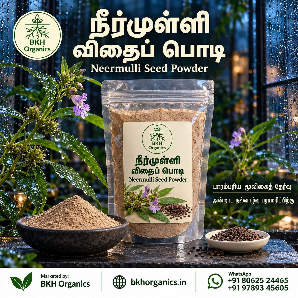 BKH Organics Neermulli Seed Powder (தமிழ்: நீர்முள்ளி விதை பொடி, తెలుగు: నీరుగొబ్బి గింజల పొడి / కోకిలాక్ష పొడి, ಕನ್ನಡ: ಕೊಳವಳಿಕೆ ಬೀಜದ ಪುಡಿ / ನೀರುಗೊಬ್ಬಿ, മലയാളം: വയൽച്ചുള്ളി വിത്ത് പൊടി, ತುಳು: ಕೊಳವಳಿಕೆ ಬಿತ್ತ್‌ದ ಪೊಡಿ) Hygrophila auriculata seeds powder pouch with bowls of whole seeds, fine herbal powder, and purple marsh barbel flowers