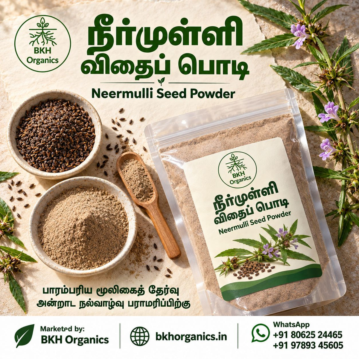 BKH Organics Neermulli Seed Powder (தமிழ்: நீர்முள்ளி விதை பொடி, తెలుగు: నీరుగొబ్బి గింజల పొడి / కోకిలాక్ష పొడి, ಕನ್ನಡ: ಕೊಳವಳಿಕೆ ಬೀಜದ ಪುಡಿ / ನೀರುಗೊಬ್ಬಿ, മലയാളം: വയൽച്ചുള്ളി വിത്ത് പൊടി, ತುಳು: ಕೊಳವಳಿಕೆ ಬಿತ್ತ್‌ದ ಪೊಡಿ) Hygrophila auriculata seeds powder pouch with bowls of whole seeds, fine herbal powder, and purple marsh barbel flowers
