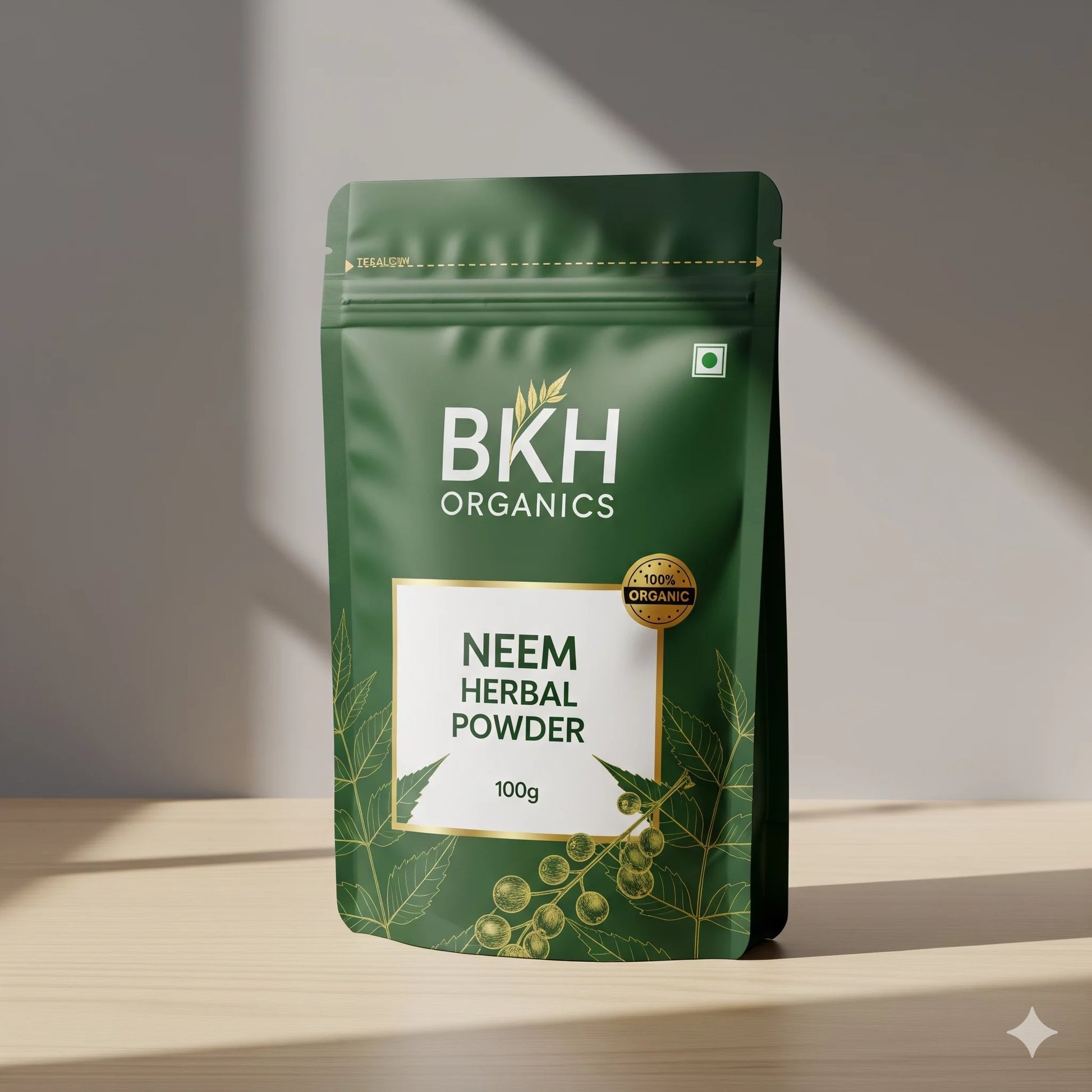 BKH Organics Neem Herbal Powder packaging on a neutral background