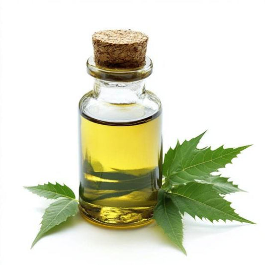 Glass bottle with cork lid containing a yellow liquid, surrounded by green leaves on a white background