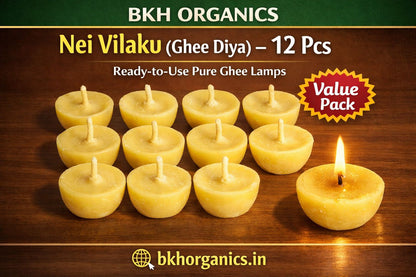BHK Organics Nei Vilaku Ghee Diya candles on a wooden surface with brand name and product details.