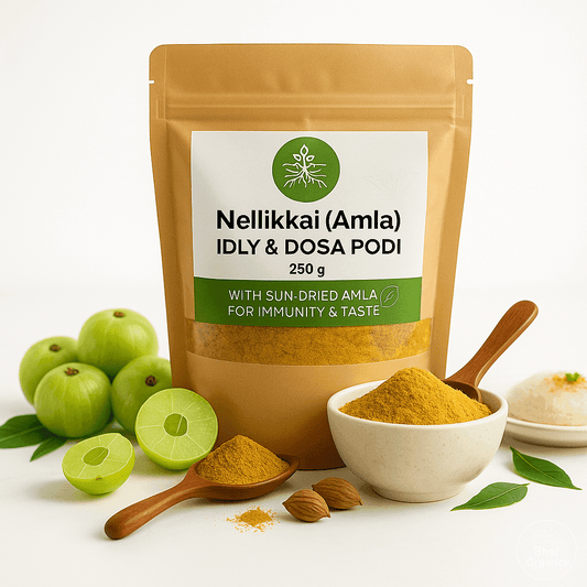 Packaging of Nellikkai (Amla) IDLY & DOSA PODI with ingredients on a white background