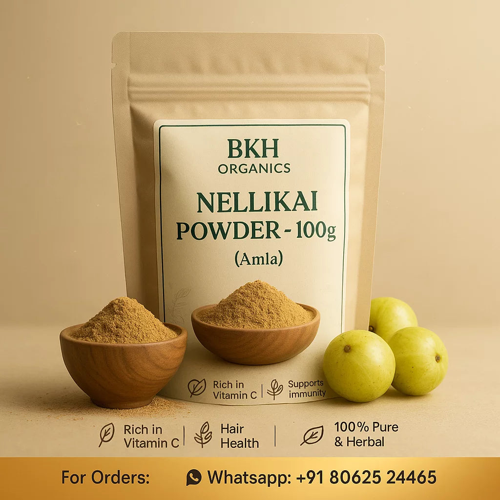BKH Organics Nellikai Powder packaging with ingredients on a beige background