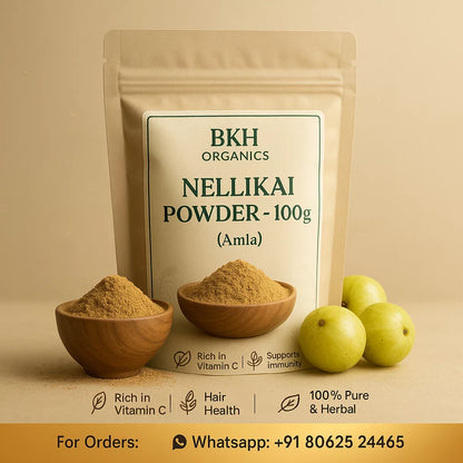 BKH Organics Nellikai Powder packaging with ingredients on a beige background