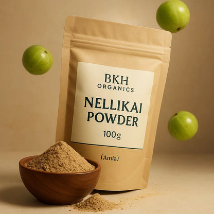 BKH Organics Nellikai Powder package with a bowl of powder and green apples on a beige background
