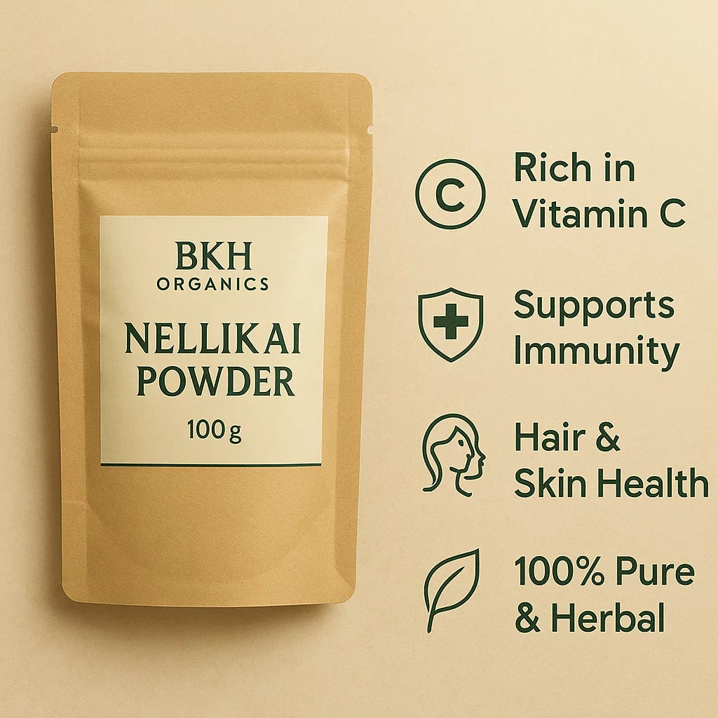 BKH Organics Nellikai Powder packaging with health benefits on a beige background