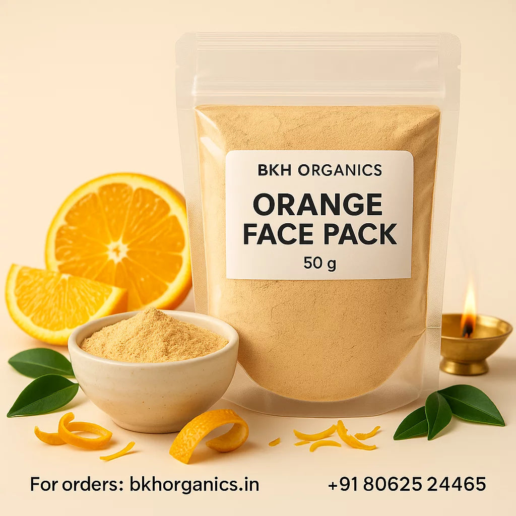 BKH Organics Orange Face Pack with ingredients on a beige background