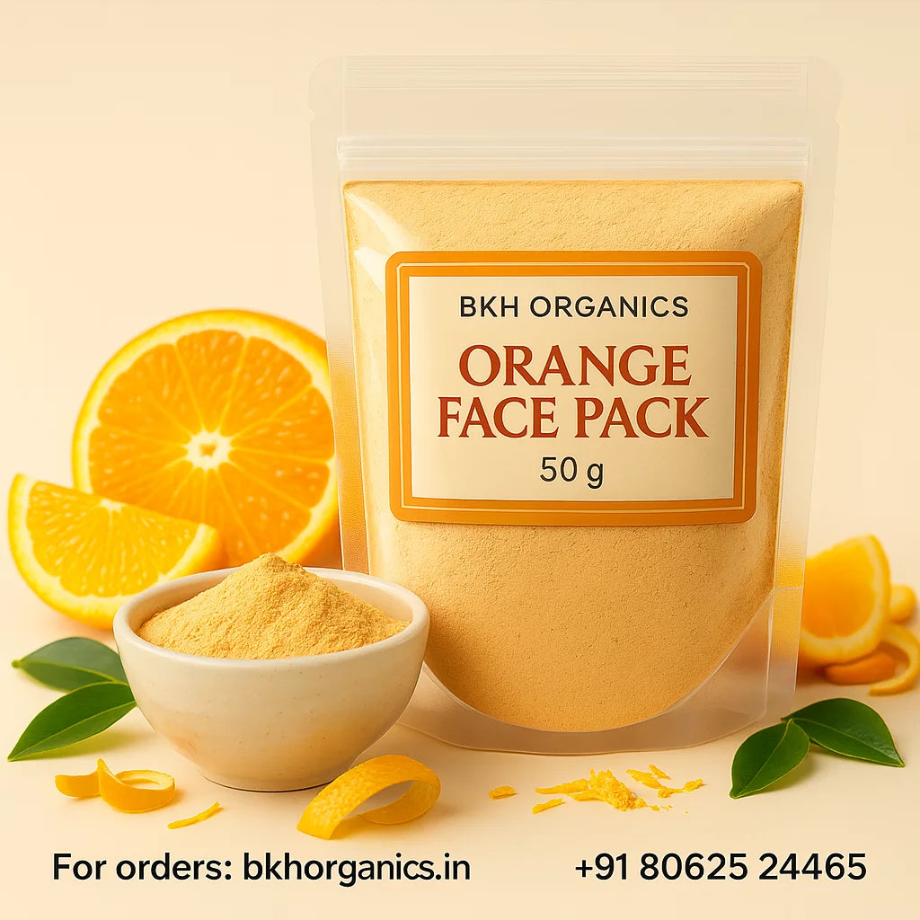 BKH Organics Orange Face Pack packaging with oranges and a bowl of powder on a beige background