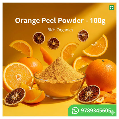 Orange peel powder in a glass bowl with oranges on a yellow background, featuring BKH Organics branding. , BKH Organics Orange Peel Powder