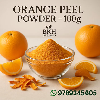Bowl of orange peel powder with oranges and contact information on a beige background, BKH Organics Orange Peel Powder