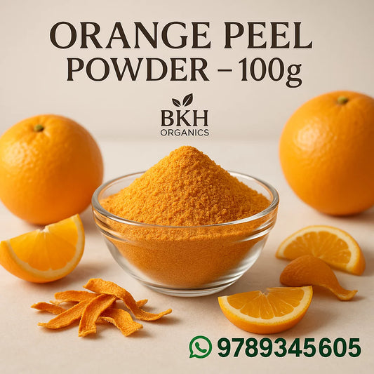 Bowl of orange peel powder with oranges and contact information on a beige background, BKH Organics Orange Peel Powder