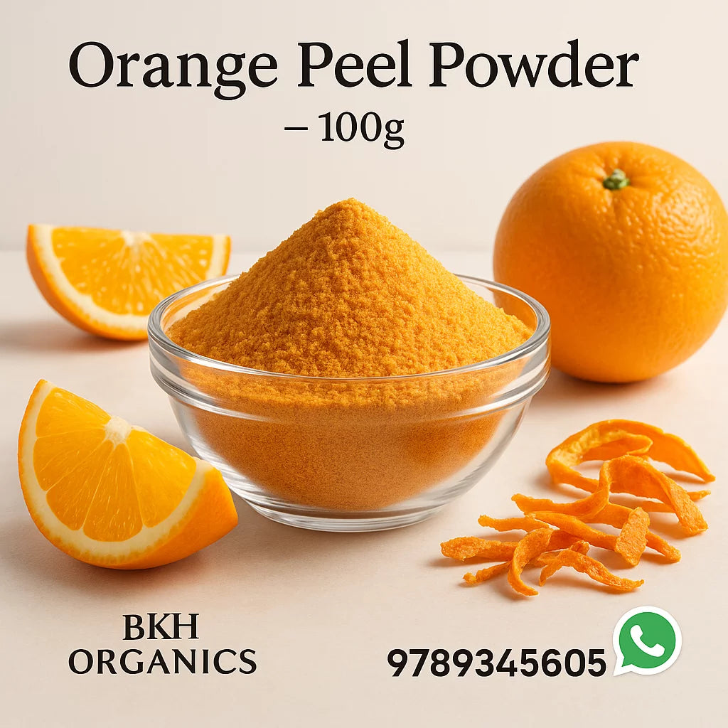 Orange peel powder in a glass bowl with oranges and dried orange peels on a light background, featuring BKH Organics branding. , BKH Organics Orange Peel Powder