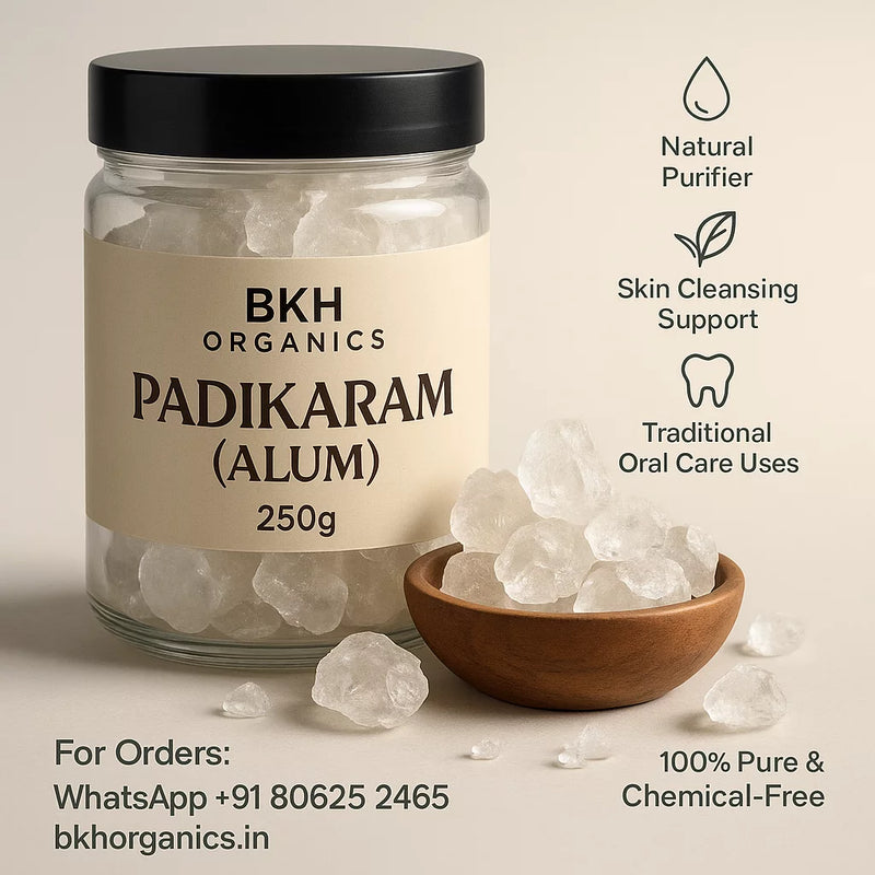 Jar of BKH Organics Padikaram Alum with product details on a beige background
