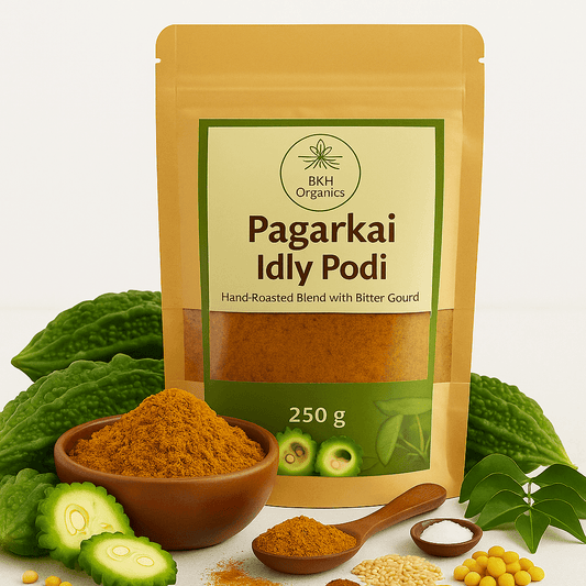 Packaging of BKH Organics Pagarkai Idly Podi with ingredients on a white background