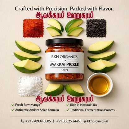 BKH Organics Avakkai Pickle jar with ingredients on a beige background