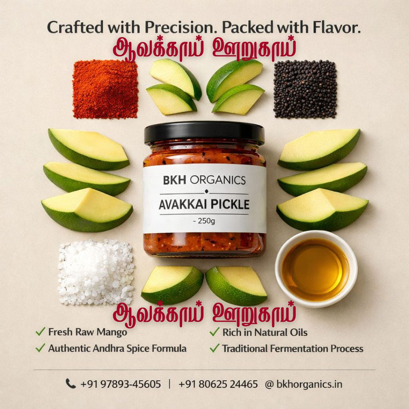 BKH Organics Avakkai Pickle jar with ingredients on a beige background