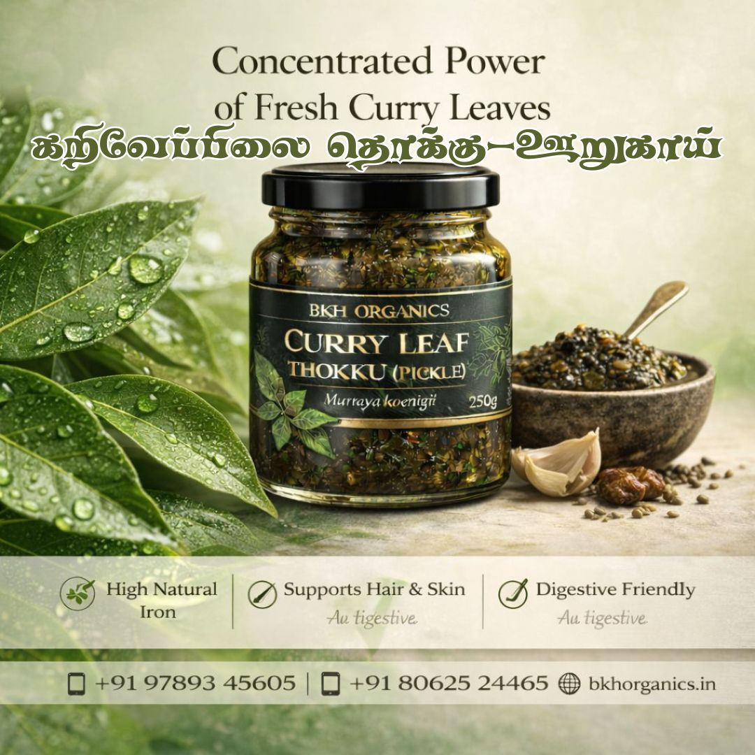BKH Organics Curry Leaf Thokku jar with curry leaves and a bowl on a green background