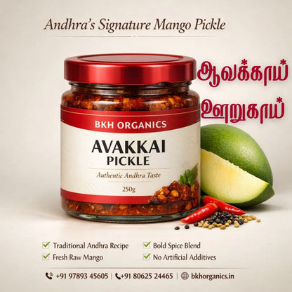 Jar of BKH Organics Avakkai Pickle with mango and spices on a light background