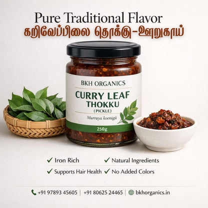BKH Organics Curry Leaf Thokku pickle jar with ingredients on a white background