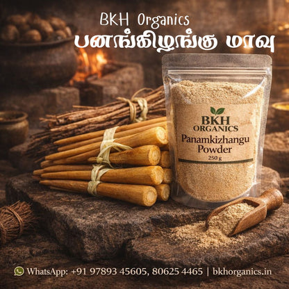 BKH Organics Panamkizhangu Powder package with ingredients on a rustic background