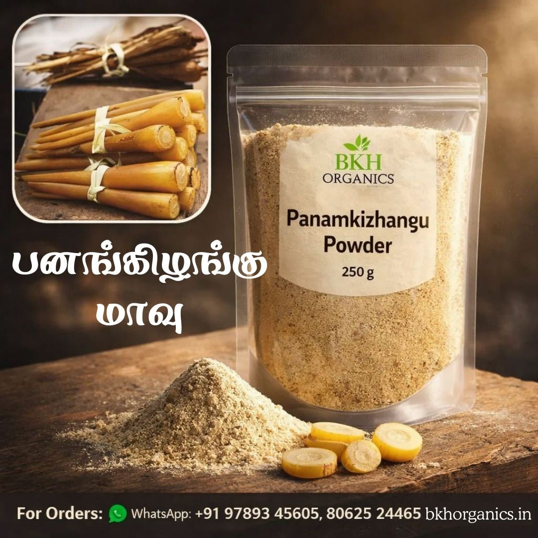 BKH Organics Panamkizhangu Powder packaging with ingredients on a wooden surface