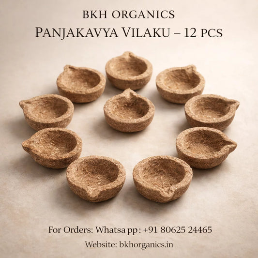 BKH Organics Panjakavya Vilaku terracotta pots on a beige background