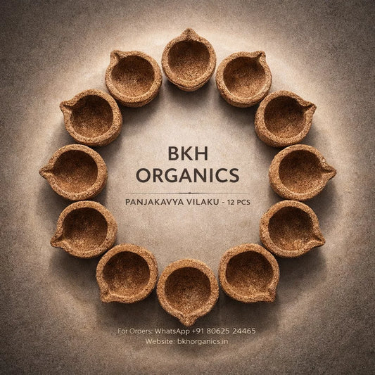 BKH Organics product packaging with 12 wooden containers arranged in a circular pattern on a textured background.