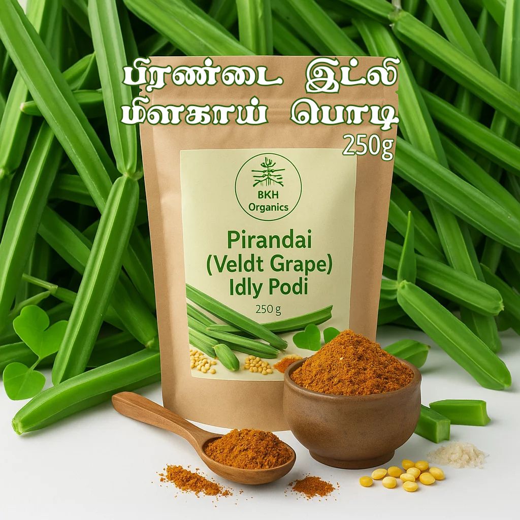 BKH Organics Pirandai Idly Podi package with green vegetables in the background