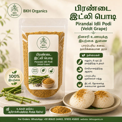 BKH Organics Pirandai Idli Podi packaging with text and images on a light background