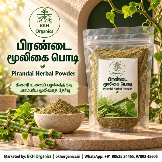 BKH Organics Pirandai Herbal Powder (தமிழ்: பிரண்டை மூலிகை பொடி, తెలుగు: నల్లేరు పొడి / నల్లేరు చూర్ణం, ಕನ್ನಡ: ಮಂಗರವಳ್ಳಿ ಪುಡಿ, മലയാളം: ചങ്ങലംപരണ്ട പൊടി, ತುಳು: ಮಂಗರವಳ್ಳಿ ಪೊಡಿ) Veldt Grape / Cissus quadrangularis powder in a stand-up pouch alongside fresh green stems and a ceramic bowl