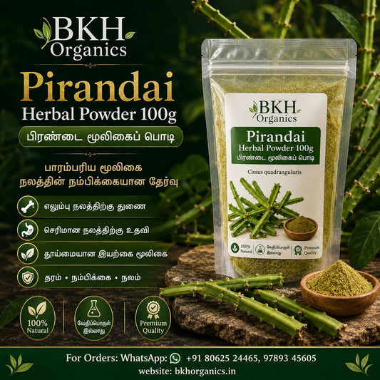 BKH Organics Pirandai Herbal Powder packaging with ingredients and contact information.